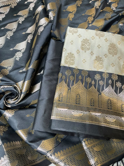 Pista Green Katan Silk Floral Zari Boota Contrast Black Ghat Border Banarasi Suit and Aada Jaal Dupatta 800ARS_KSG1