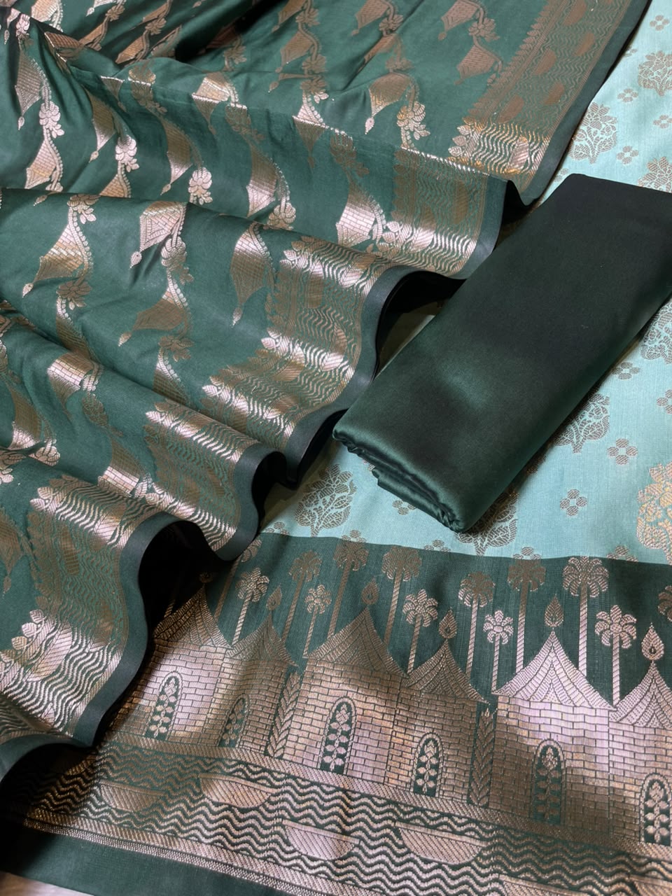 Seagreen Katan Silk Floral Zari Boota Contrast Dark Green Ghat Border Banarasi Suit and Aada Jaal Dupatta 800ARS_KSG2