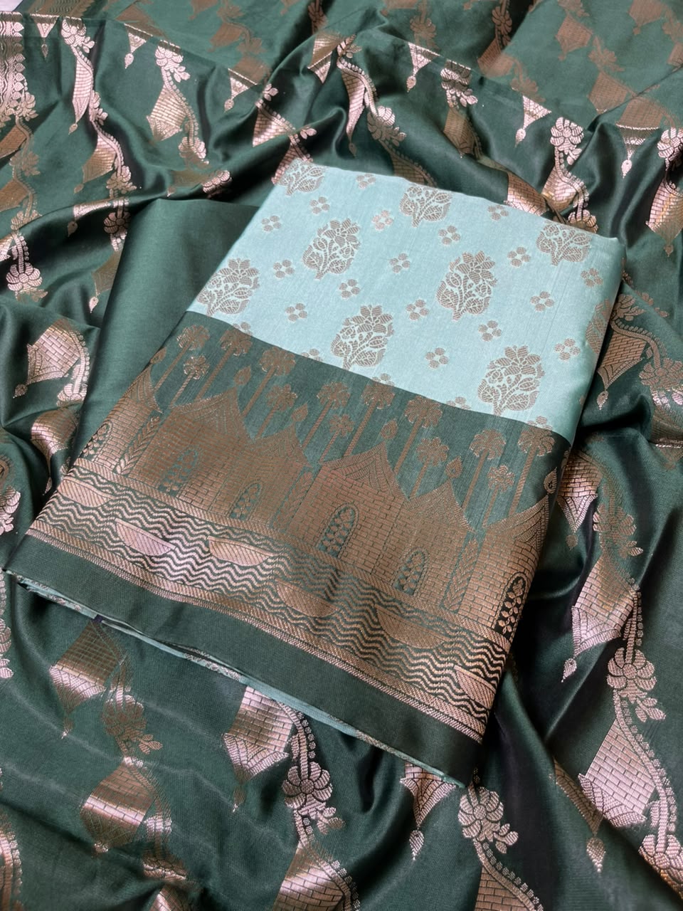 Seagreen Katan Silk Floral Zari Boota Contrast Dark Green Ghat Border Banarasi Suit and Aada Jaal Dupatta 800ARS_KSG2