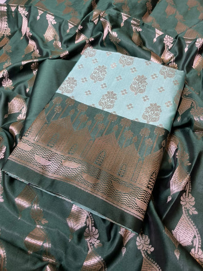 Seagreen Katan Silk Floral Zari Boota Contrast Dark Green Ghat Border Banarasi Suit and Aada Jaal Dupatta 800ARS_KSG2
