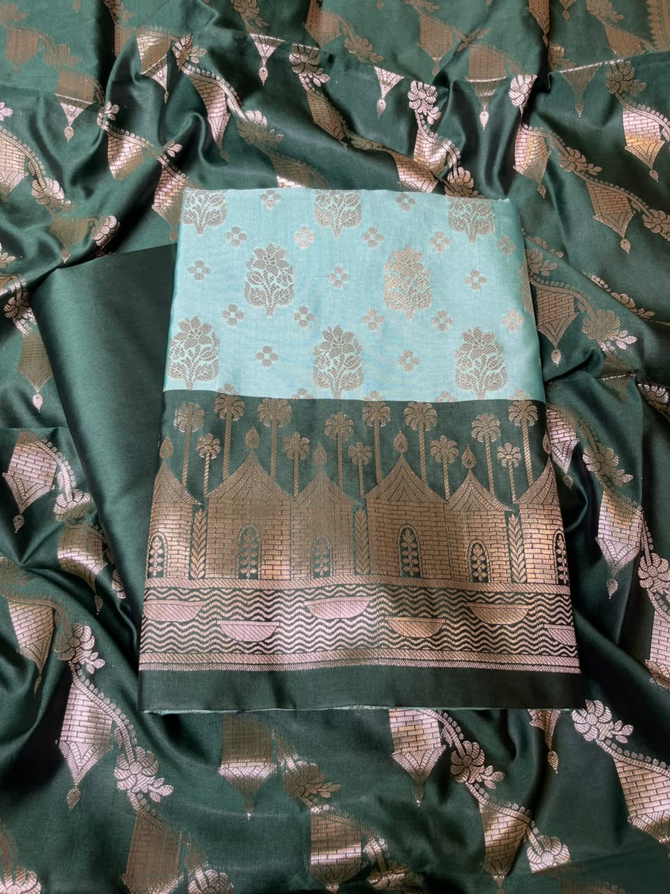 Seagreen Katan Silk Floral Zari Boota Contrast Dark Green Ghat Border Banarasi Suit and Aada Jaal Dupatta 800ARS_KSG2