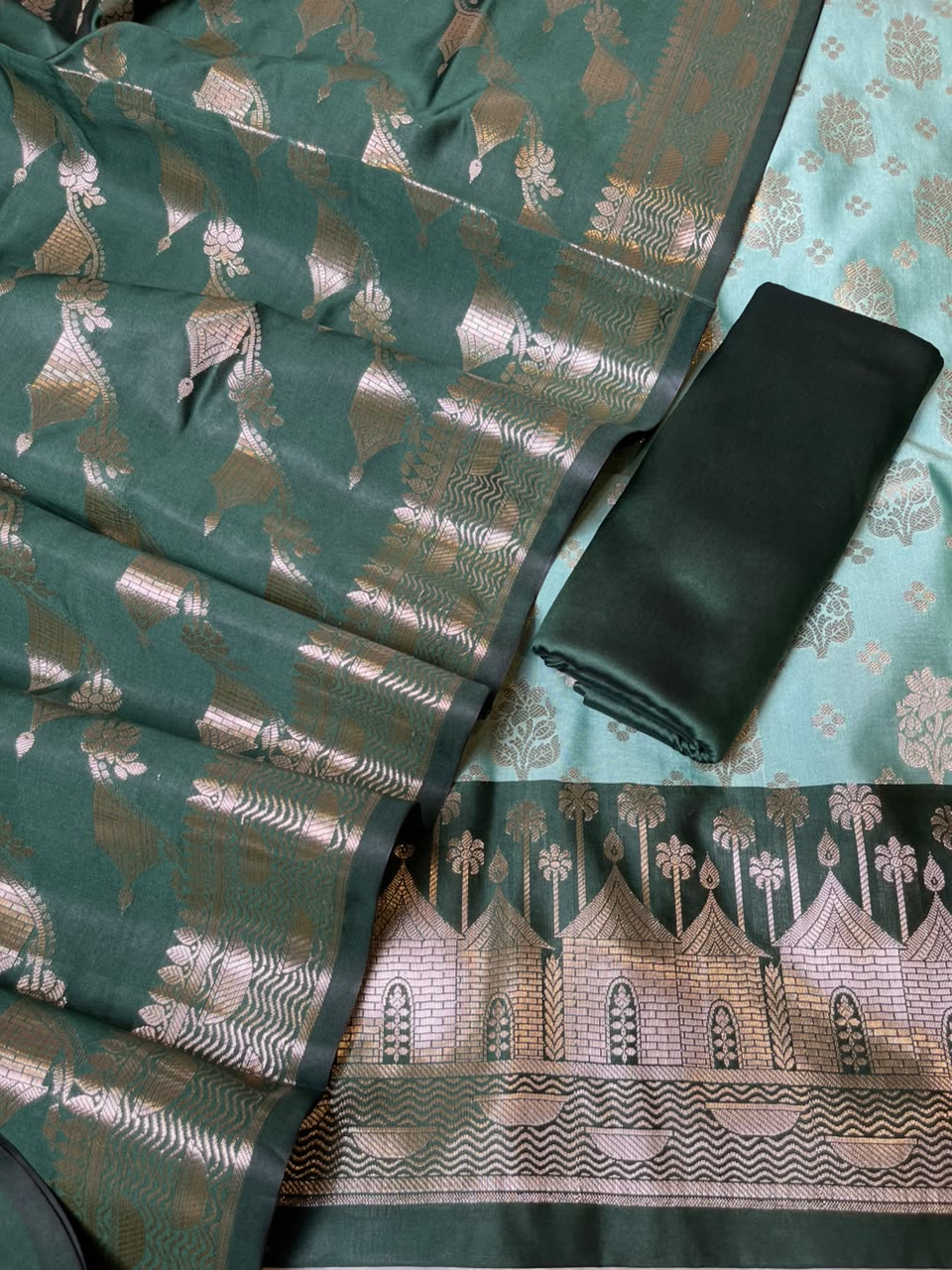 Seagreen Katan Silk Floral Zari Boota Contrast Dark Green Ghat Border Banarasi Suit and Aada Jaal Dupatta 800ARS_KSG2
