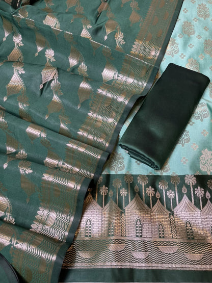 Seagreen Katan Silk Floral Zari Boota Contrast Dark Green Ghat Border Banarasi Suit and Aada Jaal Dupatta 800ARS_KSG2