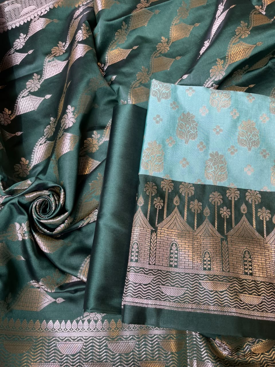 Seagreen Katan Silk Floral Zari Boota Contrast Dark Green Ghat Border Banarasi Suit and Aada Jaal Dupatta 800ARS_KSG2