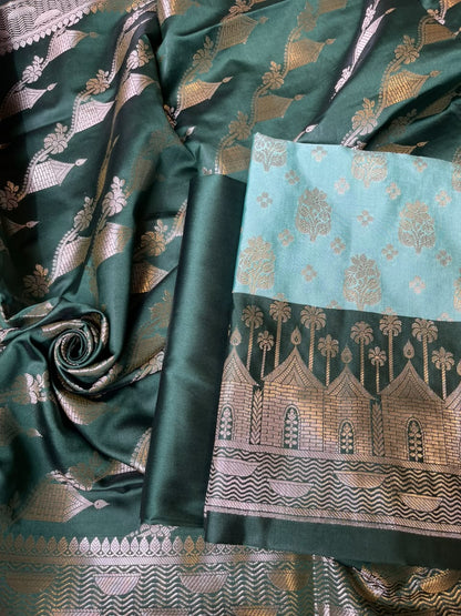 Seagreen Katan Silk Floral Zari Boota Contrast Dark Green Ghat Border Banarasi Suit and Aada Jaal Dupatta 800ARS_KSG2