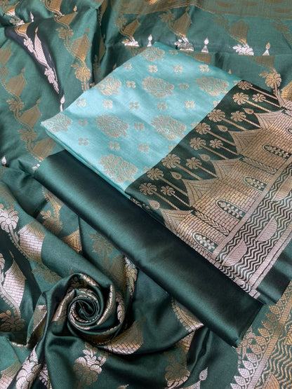 Seagreen Katan Silk Floral Zari Boota Contrast Dark Green Ghat Border Banarasi Suit and Aada Jaal Dupatta 800ARS_KSG2