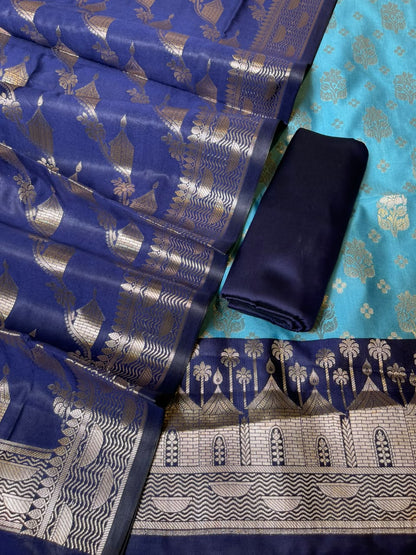 Light Blue Katan Silk Floral Zari Boota Contrast Navy Ghat Border Banarasi Suit and Aada Jaal Dupatta 800ARS_KSG3