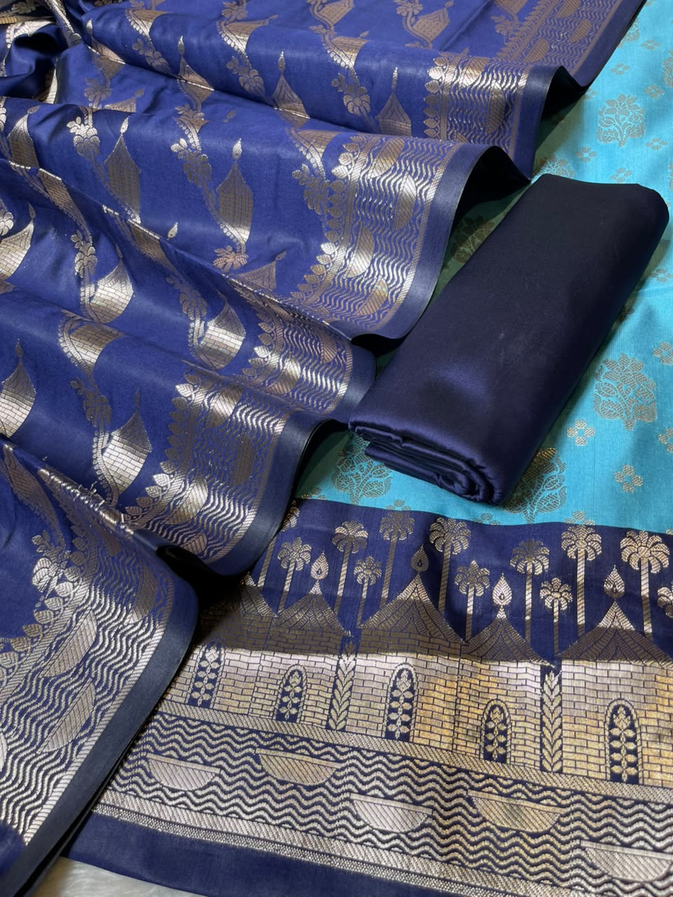 Light Blue Katan Silk Floral Zari Boota Contrast Navy Ghat Border Banarasi Suit and Aada Jaal Dupatta 800ARS_KSG3