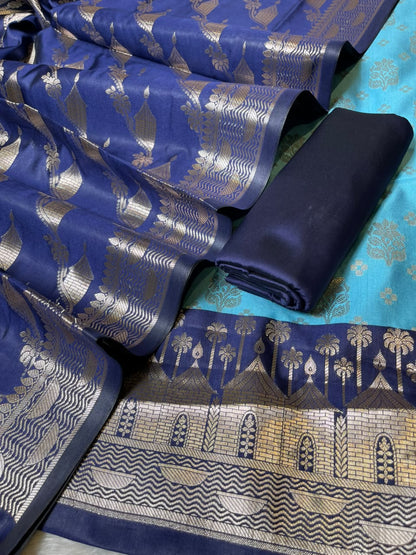Light Blue Katan Silk Floral Zari Boota Contrast Navy Ghat Border Banarasi Suit and Aada Jaal Dupatta 800ARS_KSG3