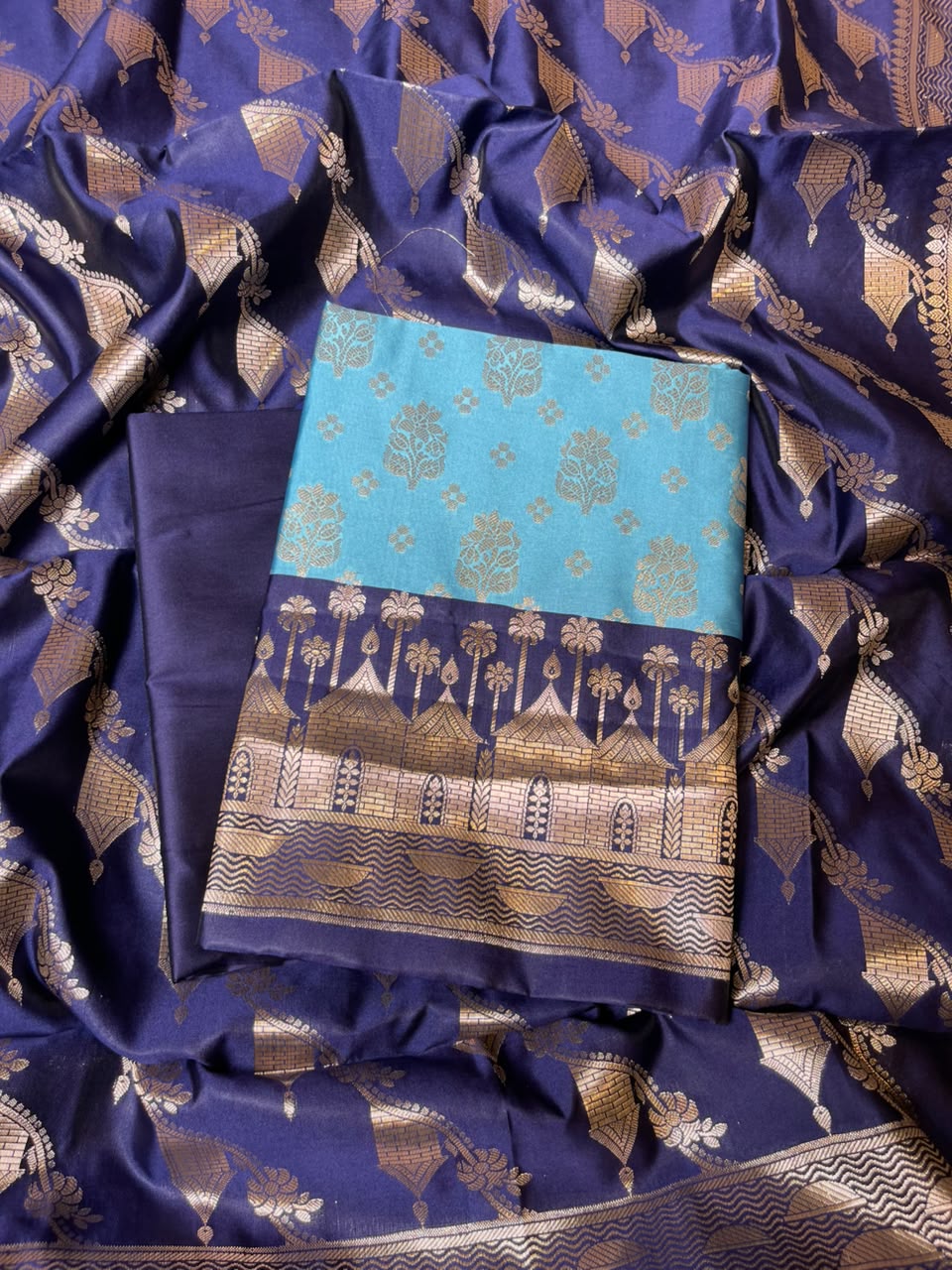Light Blue Katan Silk Floral Zari Boota Contrast Navy Ghat Border Banarasi Suit and Aada Jaal Dupatta 800ARS_KSG3