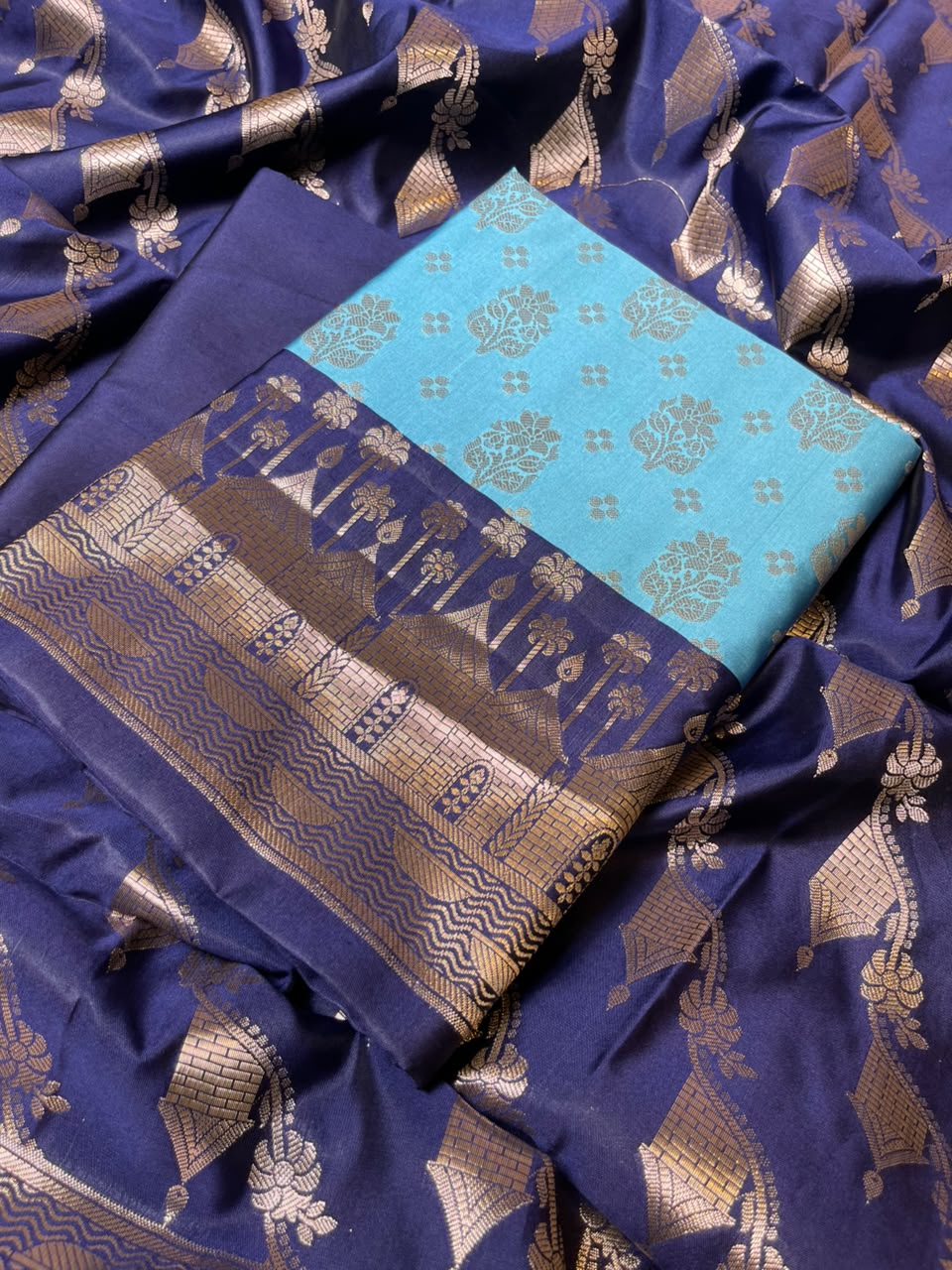 Light Blue Katan Silk Floral Zari Boota Contrast Navy Ghat Border Banarasi Suit and Aada Jaal Dupatta 800ARS_KSG3
