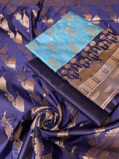 Light Blue Katan Silk Floral Zari Boota Contrast Navy Ghat Border Banarasi Suit and Aada Jaal Dupatta 800ARS_KSG3
