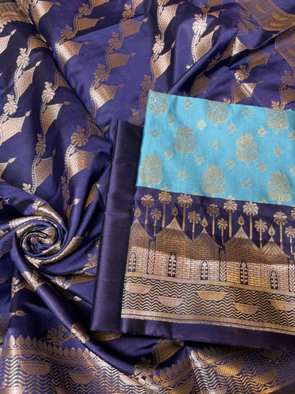 Light Blue Katan Silk Floral Zari Boota Contrast Navy Ghat Border Banarasi Suit and Aada Jaal Dupatta 800ARS_KSG3