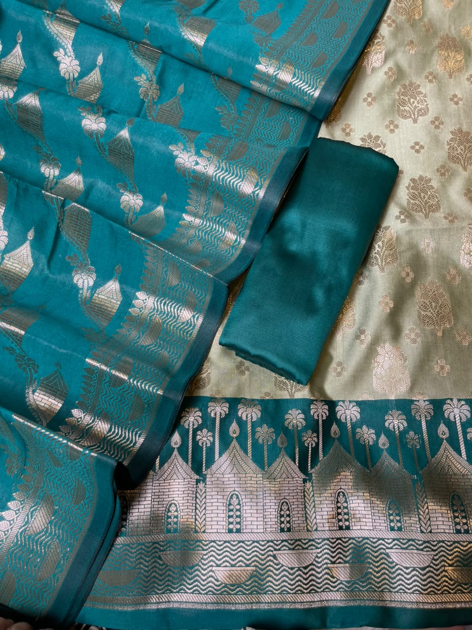 Light Green Katan Silk Floral Zari Boota Contrast Seagreen Ghat Border Banarasi Suit and Aada Jaal Dupatta 800ARS_KSG4