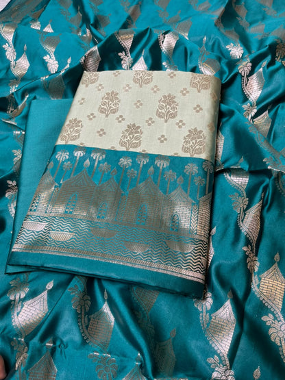 Light Green Katan Silk Floral Zari Boota Contrast Seagreen Ghat Border Banarasi Suit and Aada Jaal Dupatta 800ARS_KSG4