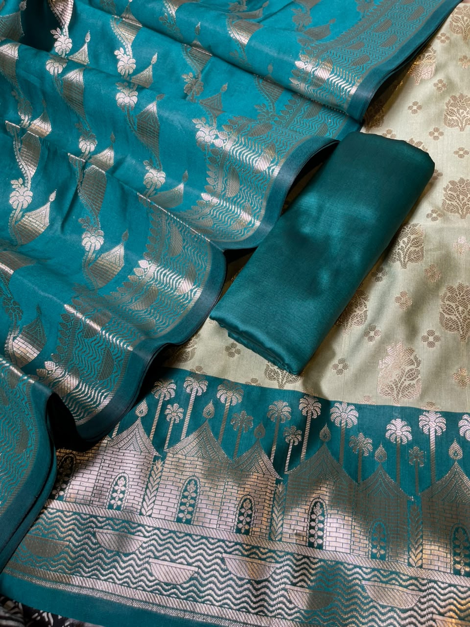 Light Green Katan Silk Floral Zari Boota Contrast Seagreen Ghat Border Banarasi Suit and Aada Jaal Dupatta 800ARS_KSG4