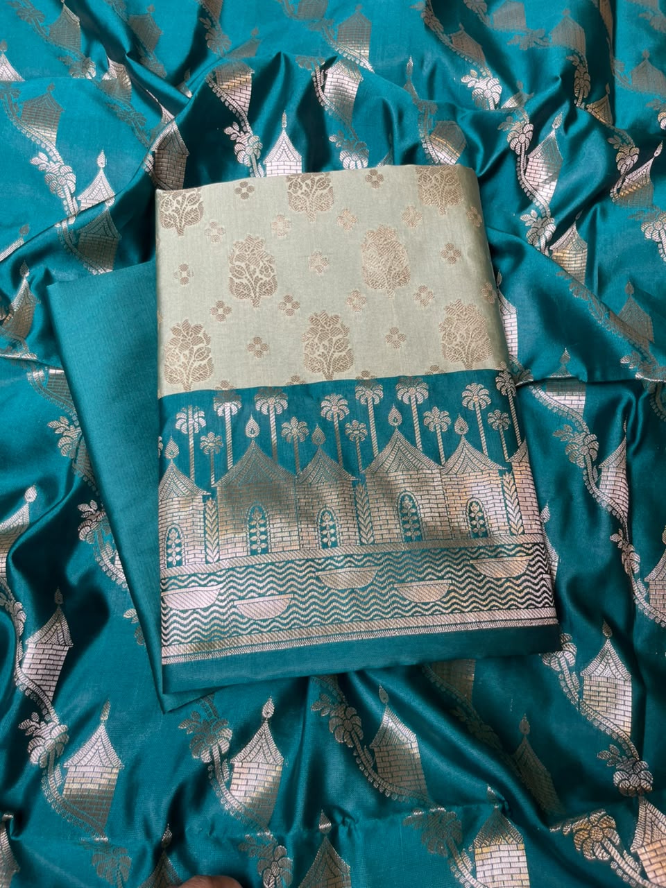 Light Green Katan Silk Floral Zari Boota Contrast Seagreen Ghat Border Banarasi Suit and Aada Jaal Dupatta 800ARS_KSG4