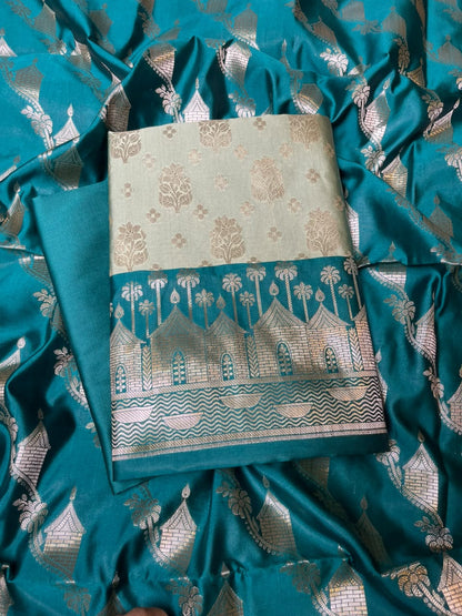 Light Green Katan Silk Floral Zari Boota Contrast Seagreen Ghat Border Banarasi Suit and Aada Jaal Dupatta 800ARS_KSG4