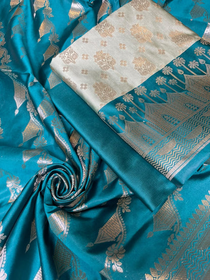 Light Green Katan Silk Floral Zari Boota Contrast Seagreen Ghat Border Banarasi Suit and Aada Jaal Dupatta 800ARS_KSG4