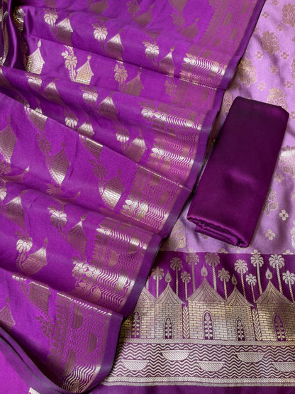 Lavander Katan Silk Floral Zari Boota Contrast Purple Ghat Border Banarasi Suit and Aada Jaal Dupatta 800ARS_KSG5