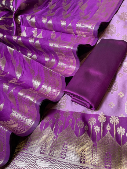 Lavander Katan Silk Floral Zari Boota Contrast Purple Ghat Border Banarasi Suit and Aada Jaal Dupatta 800ARS_KSG5