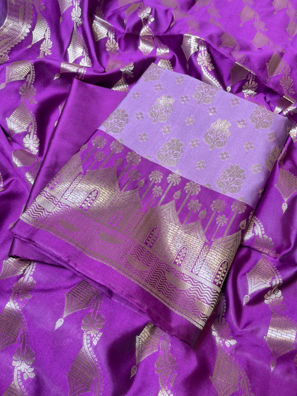 Lavander Katan Silk Floral Zari Boota Contrast Purple Ghat Border Banarasi Suit and Aada Jaal Dupatta 800ARS_KSG5