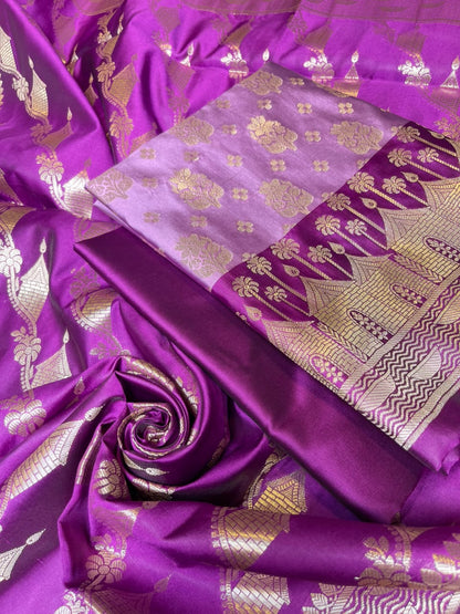 Lavander Katan Silk Floral Zari Boota Contrast Purple Ghat Border Banarasi Suit and Aada Jaal Dupatta 800ARS_KSG5