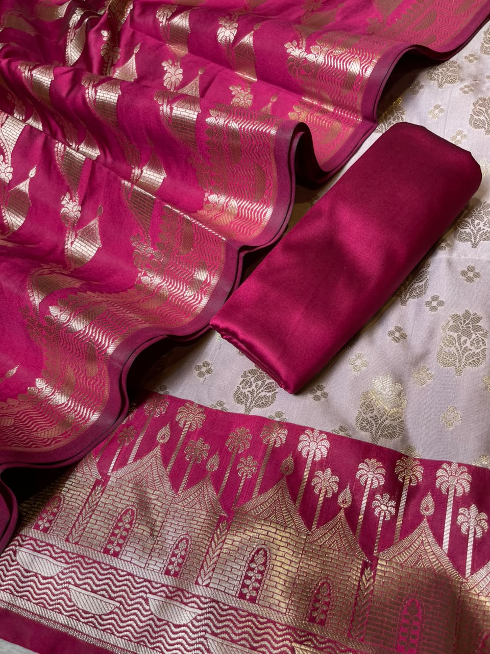 Light Mauve Katan Silk Floral Zari Boota Contrast Pink Ghat Border Banarasi Suit and Aada Jaal Dupatta 800ARS_KSG6