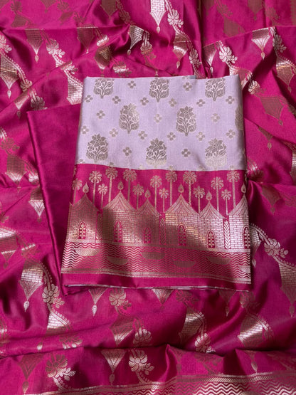 Light Mauve Katan Silk Floral Zari Boota Contrast Pink Ghat Border Banarasi Suit and Aada Jaal Dupatta 800ARS_KSG6