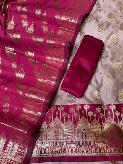 Light Mauve Katan Silk Floral Zari Boota Contrast Pink Ghat Border Banarasi Suit and Aada Jaal Dupatta 800ARS_KSG6