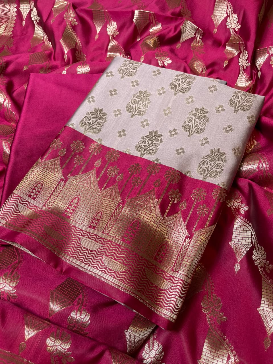 Light Mauve Katan Silk Floral Zari Boota Contrast Pink Ghat Border Banarasi Suit and Aada Jaal Dupatta 800ARS_KSG6