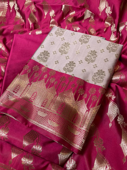 Light Mauve Katan Silk Floral Zari Boota Contrast Pink Ghat Border Banarasi Suit and Aada Jaal Dupatta 800ARS_KSG6