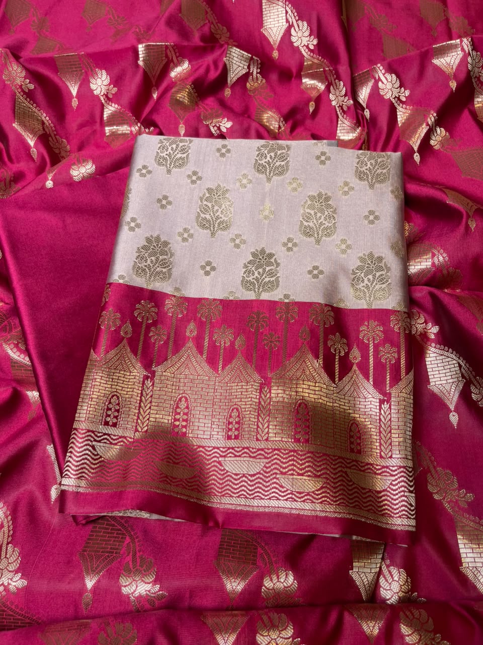 Light Mauve Katan Silk Floral Zari Boota Contrast Pink Ghat Border Banarasi Suit and Aada Jaal Dupatta 800ARS_KSG6