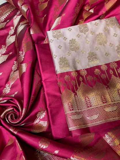 Light Mauve Katan Silk Floral Zari Boota Contrast Pink Ghat Border Banarasi Suit and Aada Jaal Dupatta 800ARS_KSG6