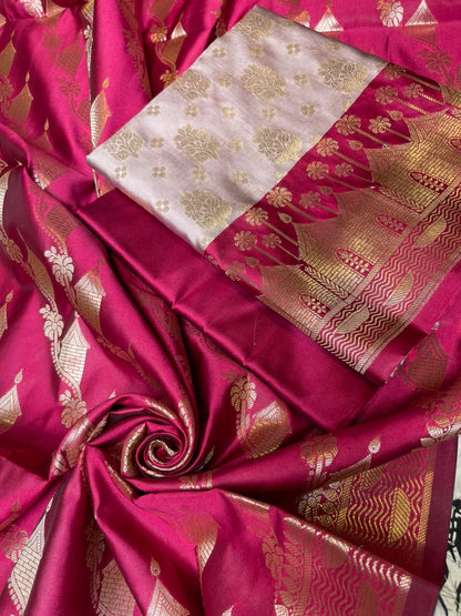 Light Mauve Katan Silk Floral Zari Boota Contrast Pink Ghat Border Banarasi Suit and Aada Jaal Dupatta 800ARS_KSG6