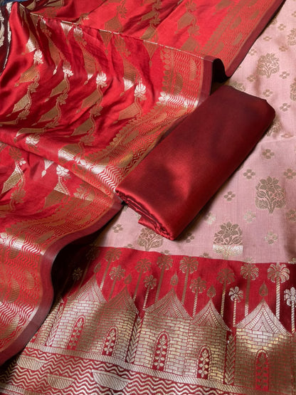 Dusty Rose Katan Silk Floral Zari Boota Contrast Red Ghat Border Banarasi Suit and Aada Jaal Dupatta 800ARS_KSG7
