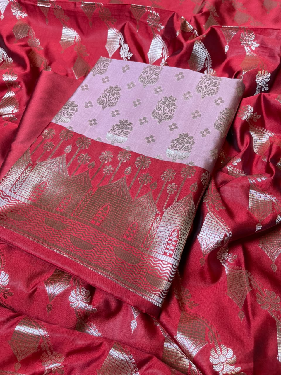 Dusty Rose Katan Silk Floral Zari Boota Contrast Red Ghat Border Banarasi Suit and Aada Jaal Dupatta 800ARS_KSG7
