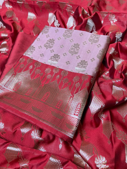 Dusty Rose Katan Silk Floral Zari Boota Contrast Red Ghat Border Banarasi Suit and Aada Jaal Dupatta 800ARS_KSG7