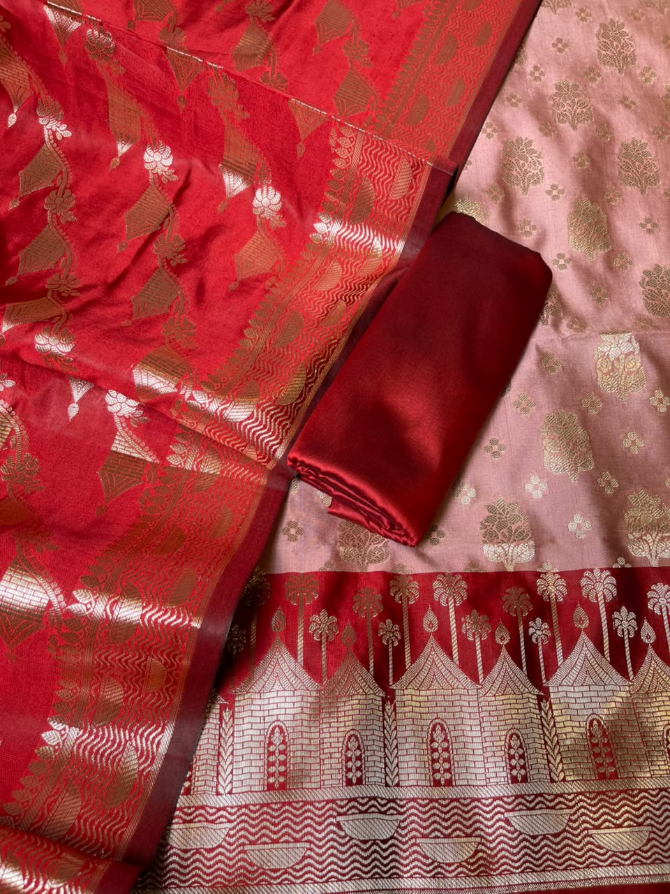Dusty Rose Katan Silk Floral Zari Boota Contrast Red Ghat Border Banarasi Suit and Aada Jaal Dupatta 800ARS_KSG7