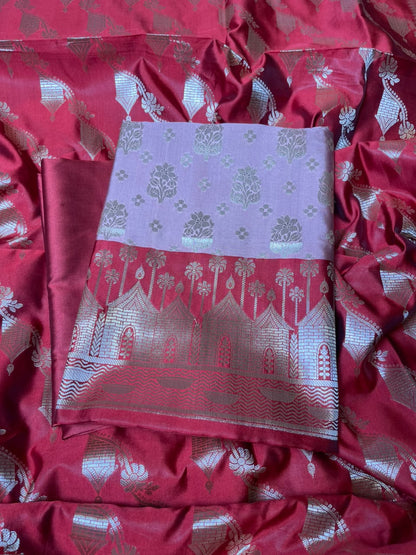 Dusty Rose Katan Silk Floral Zari Boota Contrast Red Ghat Border Banarasi Suit and Aada Jaal Dupatta 800ARS_KSG7