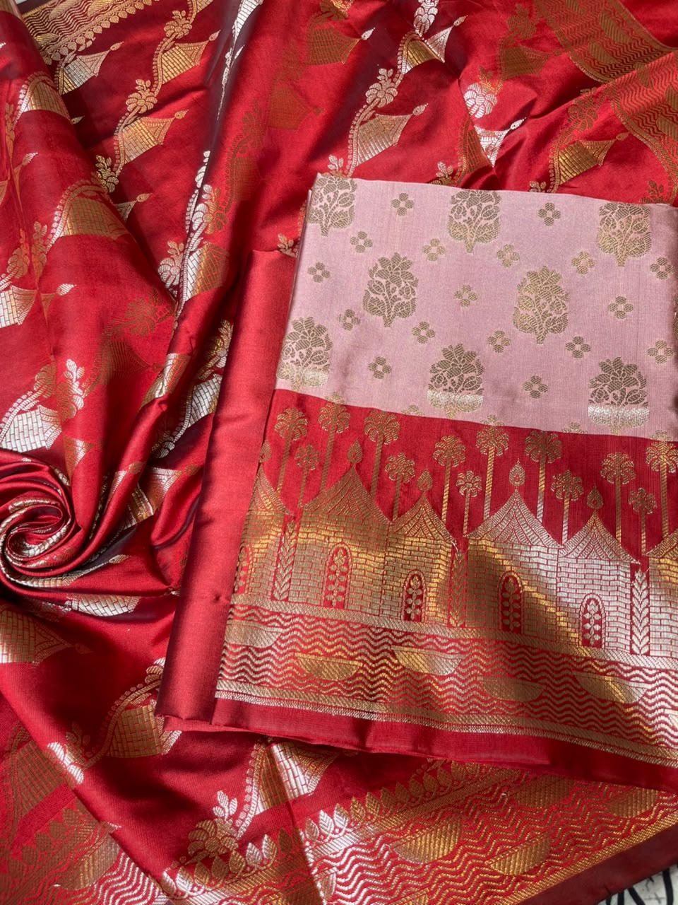 Dusty Rose Katan Silk Floral Zari Boota Contrast Red Ghat Border Banarasi Suit and Aada Jaal Dupatta 800ARS_KSG7