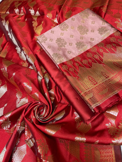 Dusty Rose Katan Silk Floral Zari Boota Contrast Red Ghat Border Banarasi Suit and Aada Jaal Dupatta 800ARS_KSG7