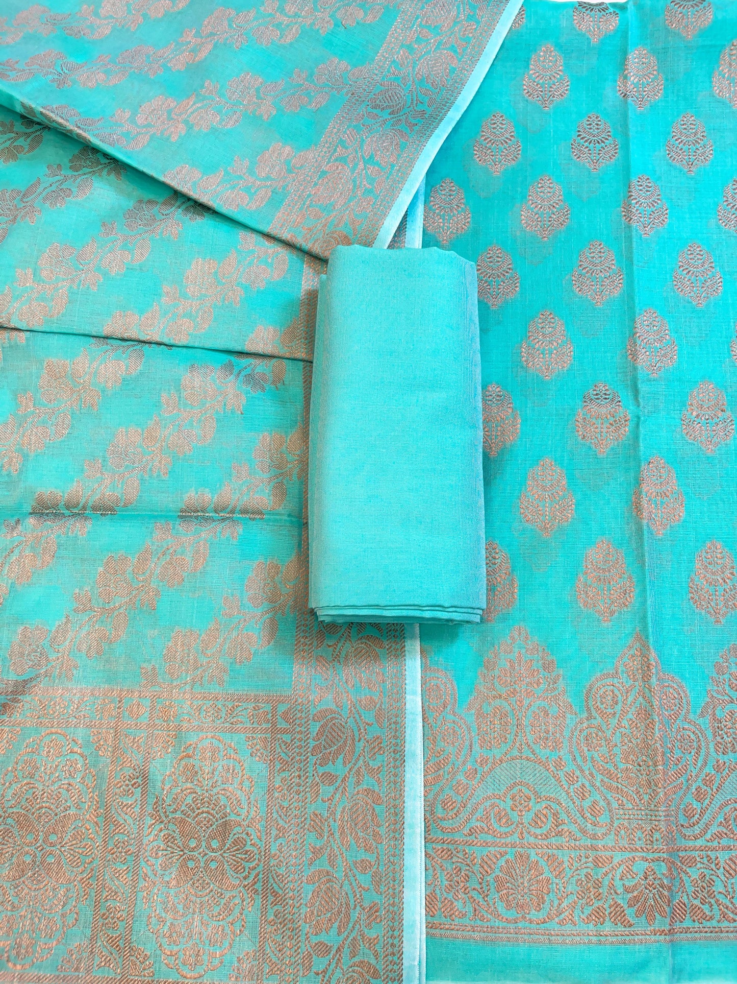Seagreen Cotton Floral Resham Zari Booti Banarasi Suit 800SHL_PV5
