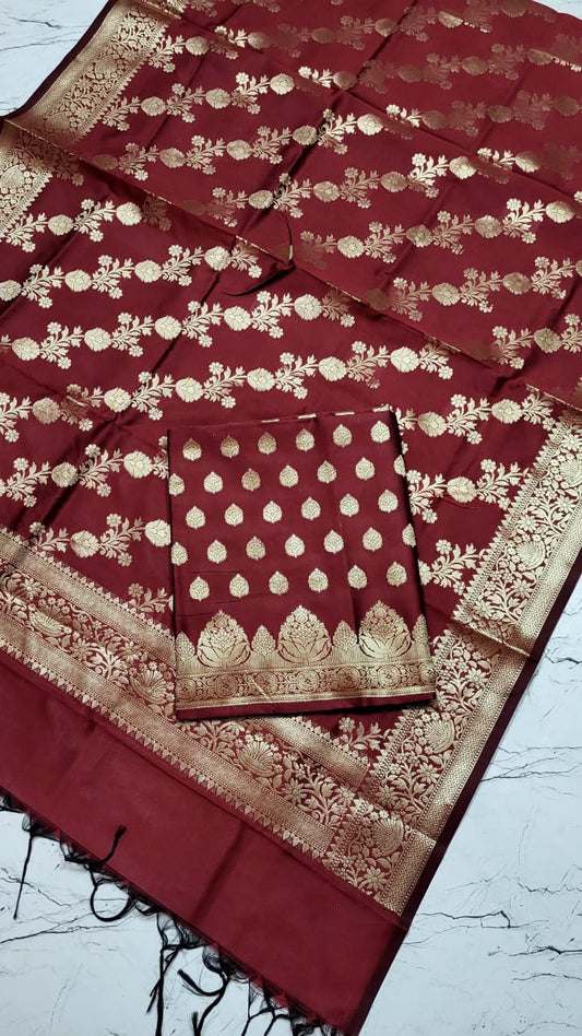 Maroon Katan Silk Floral Zari Booti Banarasi Suit with Aada Zari Jaal Dupatta 800SKL_KSD3