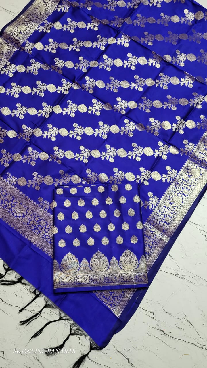 Royal Blue Katan Silk Floral Zari Booti Banarasi Suit with Aada Zari Jaal Dupatta 800SKL_KSD5