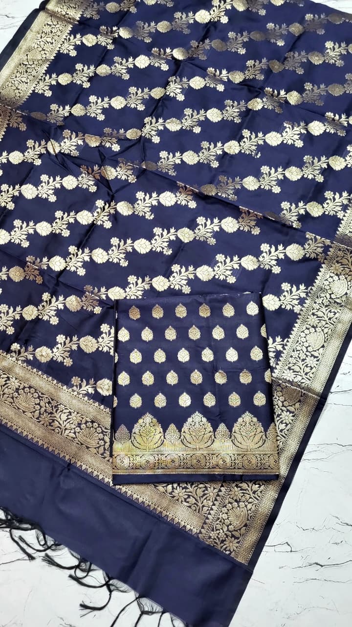 Navy Blue Katan Silk Floral Zari Booti Banarasi Suit with Aada Zari Jaal Dupatta 800SKL_KSD7