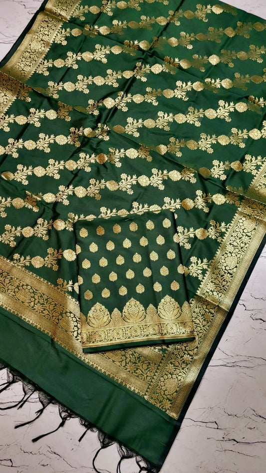 Dark Green Katan Silk Floral Zari Booti Banarasi Suit with Aada Zari Jaal Dupatta 800SKL_KSD8