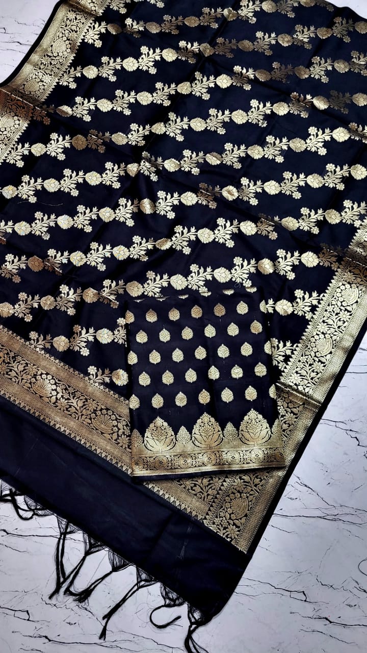 Black Katan Silk Floral Zari Booti Banarasi Suit with Aada Zari Jaal Dupatta 800SKL_KSD9