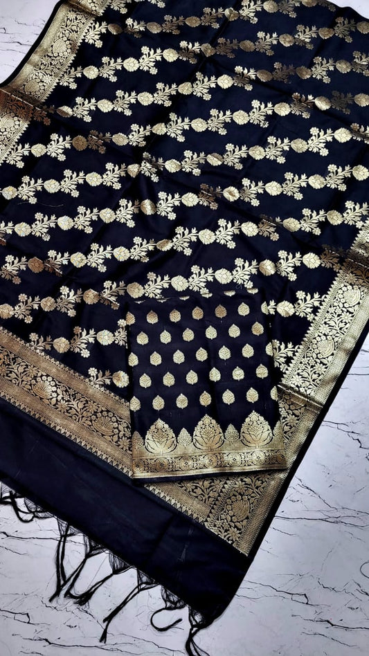 Black Katan Silk Floral Zari Booti Banarasi Suit with Aada Zari Jaal Dupatta 800SKL_KSD9