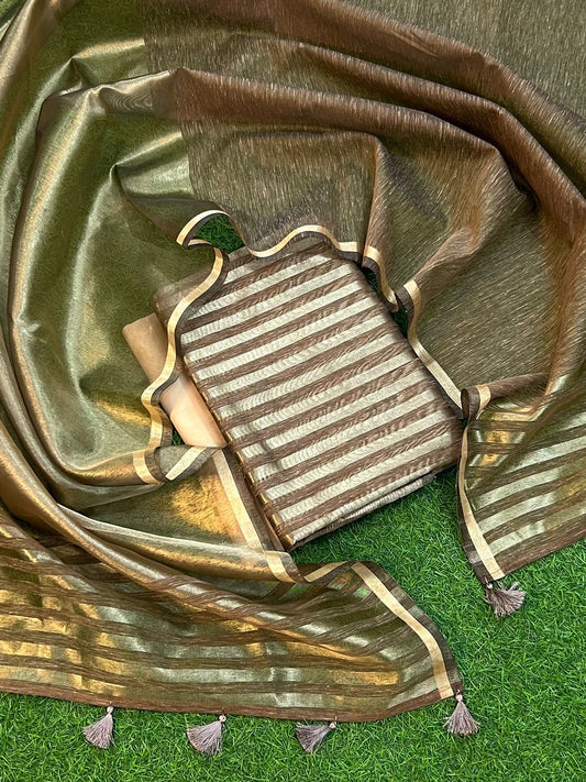 Light Brown Tissue Linen Zari Stripe Banarasi Suit Set 800SKL_TL1